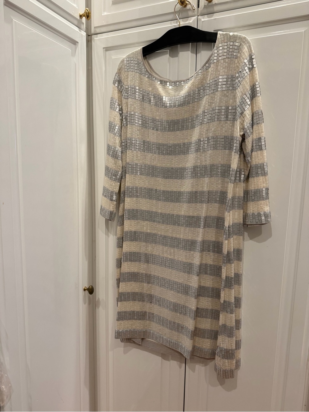 Ellen Tracy Silver and Cream Striped Sequin Shift Dress
